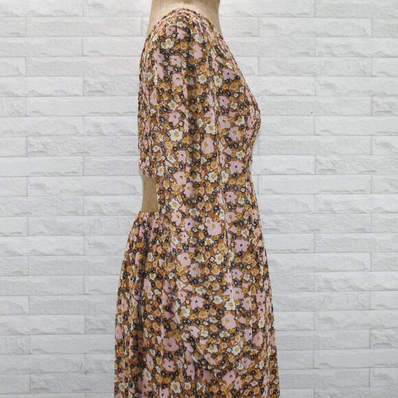LUSH Dress Floral Fall Cut Out Bare Midriff Shirred Elastic Long Sleeve Boho SM - Picture 3 of 14